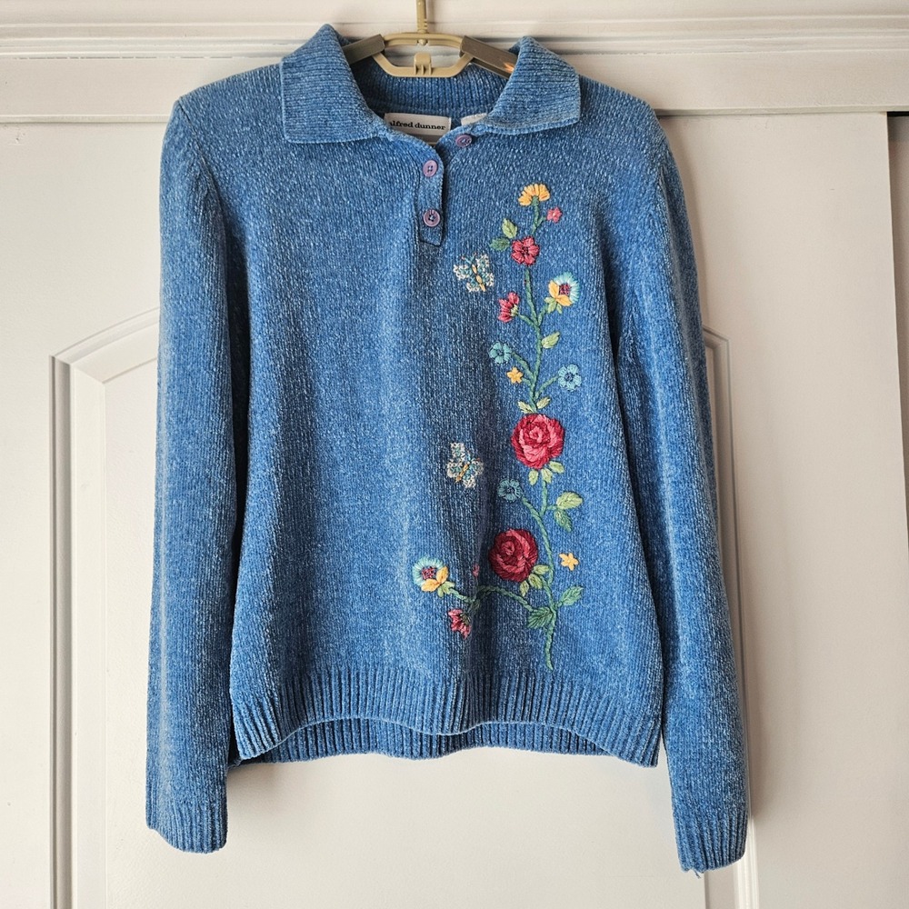 Alfred Dunner Sweater Womens PXL Blue Floral Embroidered Chenille Knit Spring - Picture 1 of 9
